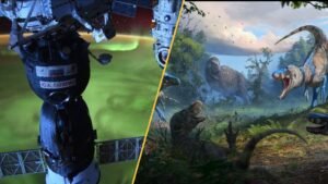 A geomagnetic storm above Earth and Nanotyrannus dinosaurs attacking a T. rex